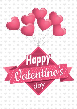 Pembe balonlar bir kare işareti mesaj Happy Valentine's Day ile pembe bir kurdele ile beyaz bir arka planda gri kalp tutan kalp şeklinde