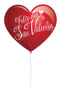 Beyaz harflerle Feliz Dia De San Valentin - İspanyolca dil - Happy Valentine's Day iletiyle bir kalp şeklinde kırmızı balon