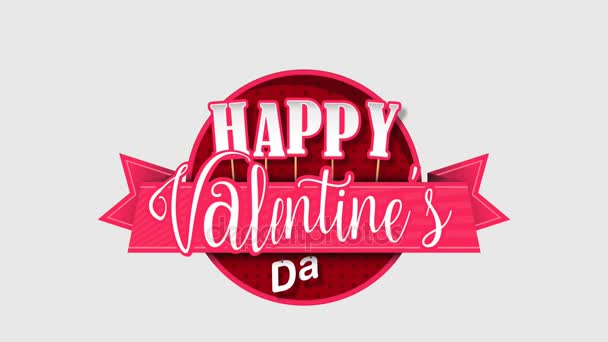 心形粉红色气球持有一个圆圈标志与粉红色丝带与信息快乐的情人节在一个白色的背景与灰色和粉红色的心 动画2D Alpha — 图库视频影像