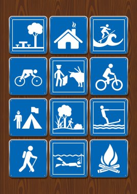 Barınak, Parkı, Bisiklet, Dalış, sörf kamp ateşi, boğa güreşi, simgeleri ayarlayın. Ahşap zemin üzerine mavi renk simgeler. Vektör görüntü