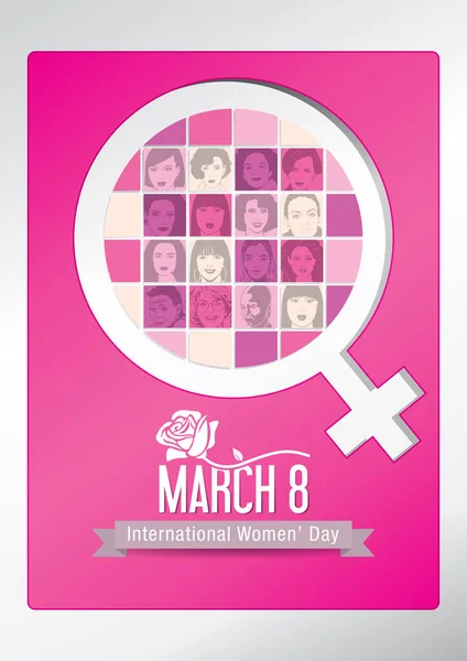国際女性の日ピンクの背景のタイトルでローズと女性のシンボル内の女性の顔のシルエットのデザインします ベクトル画像 — ストックベクタ