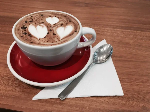 White Ceramic Cup Hot Coffee Drink Red Plate Wooden Table — Stock Photo, Image