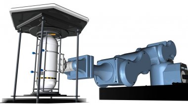 Mavi robot mekanik kol kol sonunda kelepçe aracıyla 3D modeli beyaz bir arka plan üzerinde taşımak için bir yansıtıcı beyaz metal konteyner tank tutar. 3D render