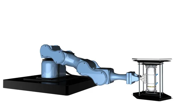 3D model of Blue robot mechanical arm with clamp tool at the end of the arm holds a reflective white metal container tank to transport it on a white background. 3D rendering