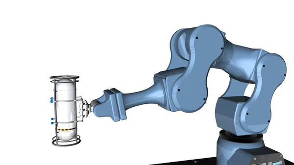 3D model of Blue robot mechanical arm with clamp tool at the end of the arm holds a reflective white metal container tank to transport it on a white background. 3D rendering