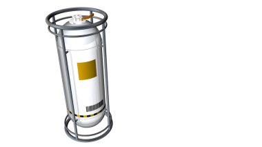 Yukarıda da görüleceği beyaz zemin üzerine sarı etiketli bir yansıtıcı beyaz metal konteyner tank 3D modeli. 3D render