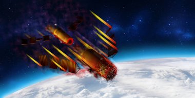 3D modeli Çin'in Tiangong-1 uzay istasyonu dünya atmosferine girdikten sonra dağılmakta. 3D render