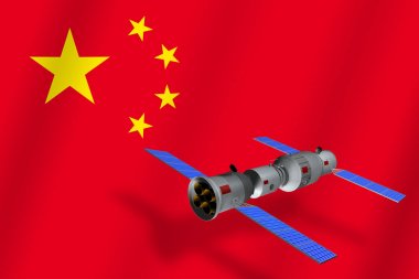 3D modeli Çin'in Tiangong-1 uzay istasyonu Çin bayrağı arka planda Dünya gezegeninin yörüngesinde. 3D render