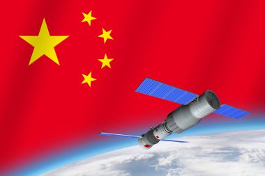 3D modeli Çin'in Tiangong-1 uzay istasyonu Çin bayrağı arka planda Dünya gezegeninin yörüngesinde. 3D render