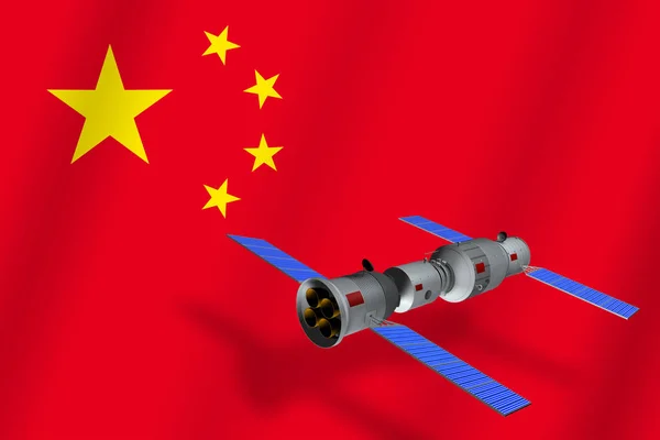 3D model of  China\'s Tiangong-1 space station orbiting the planet Earth with the flag of China in the background. 3D rendering