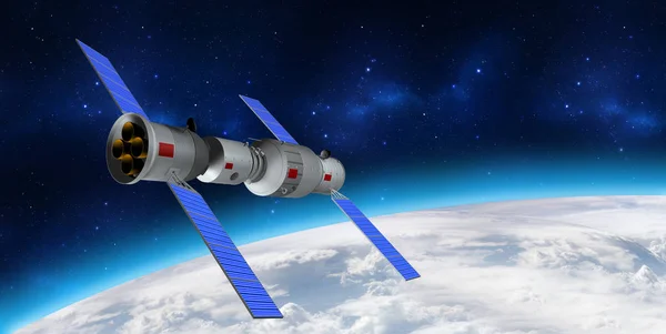 3D modeli Çin'in Tiangong-1 uzay istasyonu Dünya gezegeninin yörüngesinde. 3D render