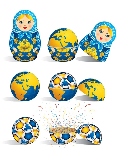 Matrioska Cor Azul Com Planeta Dentro Dentro Mundo Bola Futebol —  Vetores de Stock