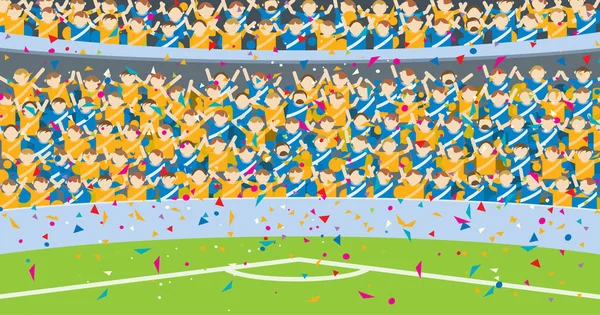 サッカーのフィールドで落ちる紙吹雪と青と黄色のシャツに身を包んだスタジアムのスタンドでジャンプの人々 の背景 ベクトル図 — ストックベクタ