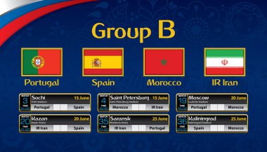 Rusya Futbol turnuva programı. Her ülkenin bayrağı ile B grubu. Zamanlama tablosu Tarih, zaman, şehir konumu ve futbol maç sonucu üzerinde mavi arka plan ile. Vektör görüntü