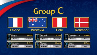 Rusya Futbol turnuva programı. Her ülkenin bayrağı ile C grubu. Zamanlama tablosu Tarih, zaman, şehir konumu ve futbol maç sonucu üzerinde mavi arka plan ile. Vektör görüntü