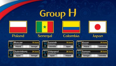 Rusya Futbol turnuva programı. Her ülkenin bayrağı ile H Grubu. Zamanlama tablosu Tarih, zaman, şehir konumu ve futbol maç sonucu üzerinde mavi arka plan ile. Vektör görüntü