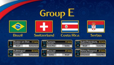 Rusya Futbol turnuva programı. Her ülkenin bayrağı ile E Grubu. Zamanlama tablosu Tarih, zaman, şehir konumu ve futbol maç sonucu üzerinde mavi arka plan ile. Vektör görüntü
