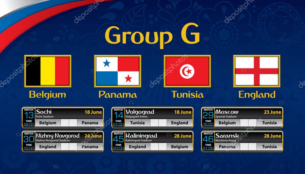 Calendario del torneo de fútbol de Rusia. Grupo G con la bandera de