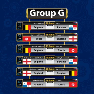 Rusya Futbol turnuva programı. Her ülkenin bayrağı ile G Grubu. Zamanlama tablosu Tarih, zaman, şehir konumu ve futbol maç sonucu üzerinde mavi arka plan ile. Vektör görüntü