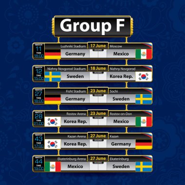 Rusya Futbol turnuva programı. Her ülkenin bayrağı ile F Grubu. Zamanlama tablosu Tarih, zaman, şehir konumu ve futbol maç sonucu üzerinde mavi arka plan ile. Vektör görüntü