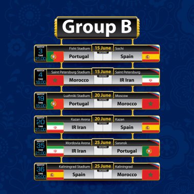 Rusya Futbol turnuva programı. Her ülkenin bayrağı ile B grubu. Zamanlama tablosu Tarih, zaman, şehir konumu ve futbol maç sonucu üzerinde mavi arka plan ile. Vektör görüntü