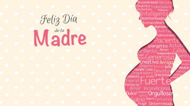 Feliz Dia de la Madre - anneler gününü İspanyol dilde - tebrik kartı. Hamile kadın silüeti pembe kalpler ile sarı bir arka plan üzerinde içinde kelime bulutu ile. Metin eklemek için alanı ile. Vektör çizim