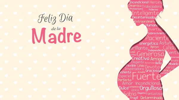 Madre 스페인어에서 어머니의 인사말 임신한 여자의 마음으로 노란색 배경에 단어의 — 스톡 벡터