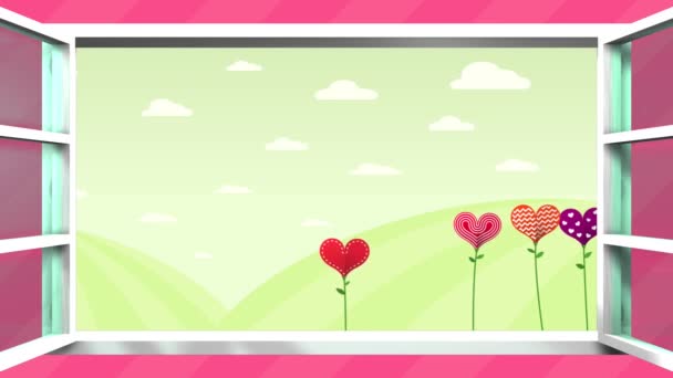 洛费里兹在西班牙语 贺卡中快乐的母亲节 在粉红色背景下打开的白色窗口中 在不同颜色的心脏形状的花朵的领域 带空格的序列以放置文本 — 图库视频影像