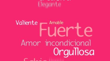 Feliz Dia de la Madre, mutlu anneler günü İspanyolca dil, tebrik kartı. Hamile kadın silüeti pembe kalpler ile sarı bir arka plan üzerinde içinde kelime bulutu ile. Kopya alanı ile. 2D animasyon