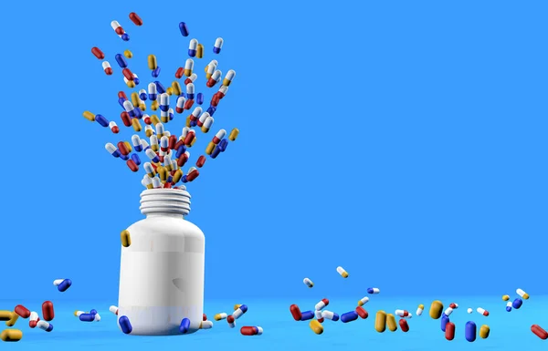 Group of yellow, blue and red medicine capsules flying out of the interior of a white plastic bottle without a lid and fall to the floor in a messy background on blue background. 3D Illustration — Stock Photo, Image