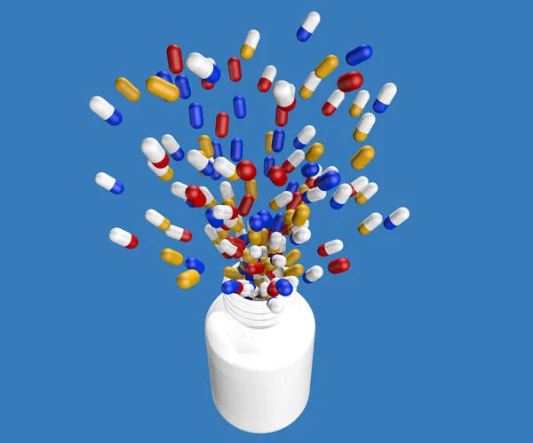 Top view of group of yellow, blue and red medicine capsules flying out of the inside of a white plastic bottle without lid on blue background. 3D Illustration — Stock Photo, Image