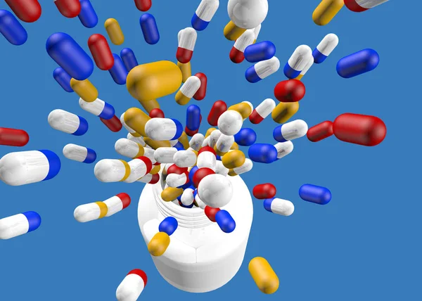 Acercamiento desde arriba del grupo de cápsulas de medicamentos amarillos, azules y rojos que salen volando del interior de un frasco de plástico blanco sin tapa sobre fondo azul. Ilustración 3D —  Fotos de Stock