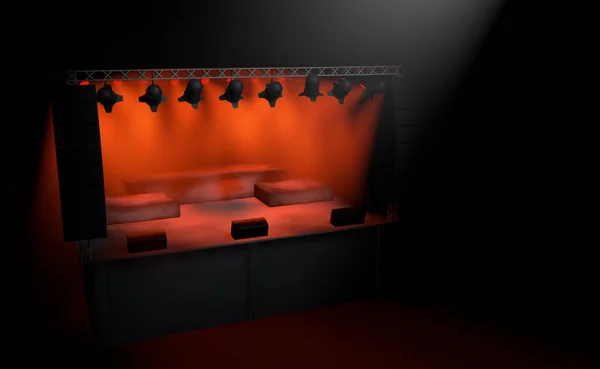 赤い光で照らされた反射板と黒い背景の前に輝く白い光を持つ空の正方形のステージ。3Dイラスト — ストック写真