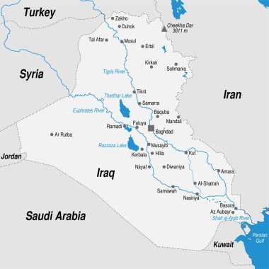 Irak Cumhuriyeti 'nin siyasi haritasında en önemli şehirler gri ve mavi tonlarda işaretlenmişti. Vektör resmi