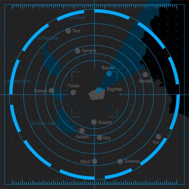 Bağdat haritasına mavi radar altında gri tonlarda yaklaşın. Vektör resmi