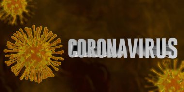 Sarı virüsler, koyu sarı bir zemin üzerinde yüzen Coronavirus kelimesinin kaba dokusuna sahiptir. 3d Görüntü