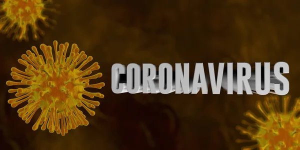 Virus kuning tekstur kasar dengan kata CORONAVIRUS mengambang di latar belakang kuning tua. Ilustrasi 3D — Stok Foto
