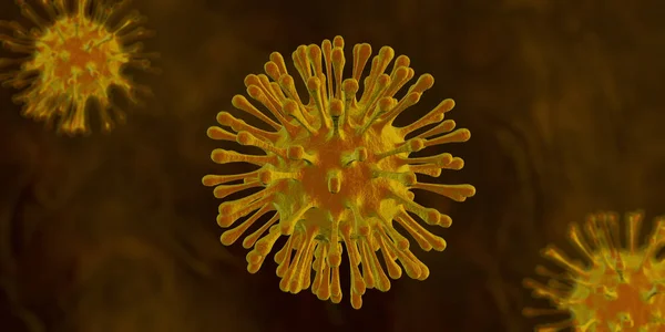 Yellow viruses with hairs floating on a dark yellow background. — Stock Photo, Image