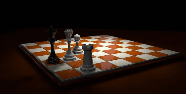 Checkmate the black king cornered at the edge with the queen, a pawn and a white tower on a bright brown and white chess board on a dark brown surface on a black background. 3D Illustration — Stock Photo, Image