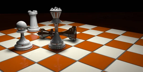 Checkmate den fallne svarte kungen med drottningen, en bonde och ett vitt torn på ett ljust brunt och vitt schackbräde på en mörkbrun yta på svart bakgrund. 3d Illustration — Stockfoto