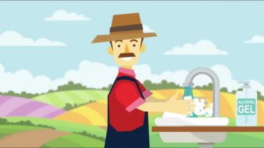 Koronavirüsün yayılmasını önlemek için tavsiyeler, ellerini yıkayan çiftçiler, sosyal mesafeyi koruyan çiftçiler, ekilen tarlaların arka planına sahip bir mendille ağzını kapatan hasta çiftçiler.