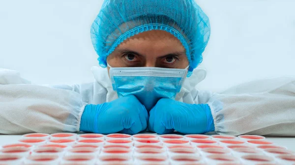 Doctor with face mask and blue gloves looking straight ahead sitting next to a group of round clinical samples with red liquid on a white surface