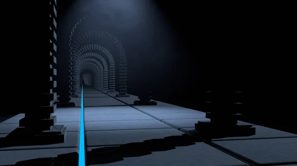Front view of a long dark tunnel without people formed by arches made of bricks in a foggy environment illuminated with a blue light and two light lines on the floor inside a castle. 3D Illustration