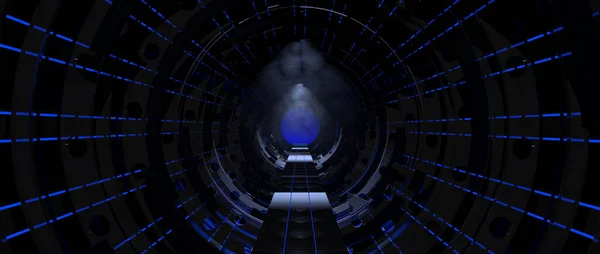 隧道尽头是一个圆形结构 有窗户的黑暗走廊 在宇宙飞船上有蓝色的灯光和神秘的气氛 3D说明 — 图库照片