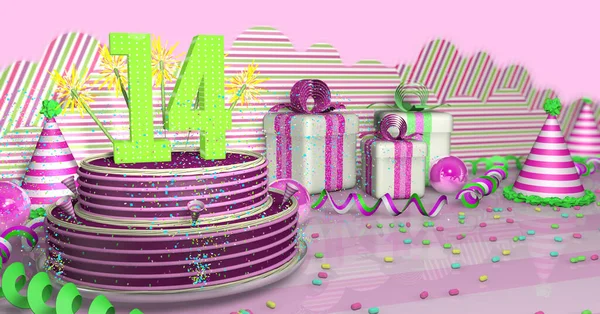 Purple Birthday Cake Decorated Colorful Sparks Pink Lines Bright Table — Stock Photo, Image