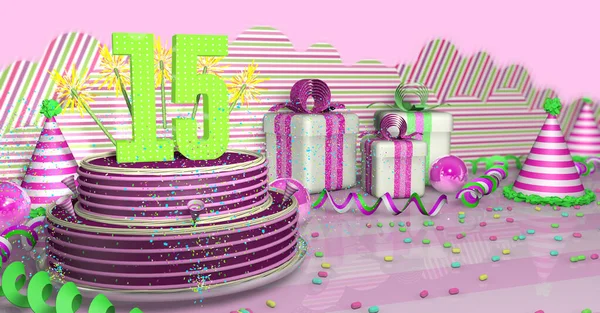 テーブルの上にピンクのリボンとキャンディーが付いた緑のストリーマー パーティー帽子 ギフトボックスがある明るいテーブルの上にカラフルな火花とピンクのラインで飾られたパープルラウンド15の誕生日ケーキピンクの背景に 3Dイラスト — ストック写真