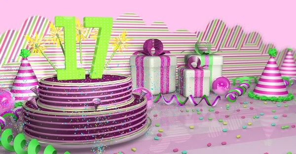 テーブルの上には ピンクの背景に 緑のストリーマー パーティー帽子 ピンクのリボンとキャンディーの入ったギフトボックスがある明るいテーブルの上に カラフルな火花とピンクのラインで飾られた紫のラウンド17の誕生日ケーキ 3Dイラスト — ストック写真