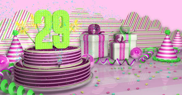 Fioletowy Okrągły Tort Urodzinowy Ozdobiony Kolorowymi Iskrami Różowymi Liniami Jasnym — Zdjęcie stockowe