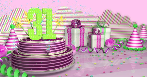 緑のストリーマー パーティー帽子 ピンクのリボンとキャンディーがテーブルの上にあるギフトボックスがある明るいテーブルの上に ピンクの背景にカラフルな火花とピンクのラインで飾られたパープルラウンド31の誕生日ケーキ 3Dイラスト — ストック写真