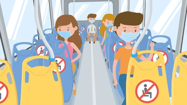 Personas Con Máscara Azul Viajando Autobús Respetando Aislamiento Social Sentadas — Vector de stock